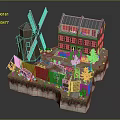 Dutch Style Multi Story Building With Windmill Fenced Area Plants And Red Car