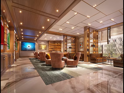 Modern Sales Office Interior Design With Wooden Decor Ceiling Lights Sofas Bookshelves And Windows 3d model