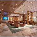Modern Sales Office Interior Design With Wooden Decor Ceiling Lights Sofas Bookshelves And Windows