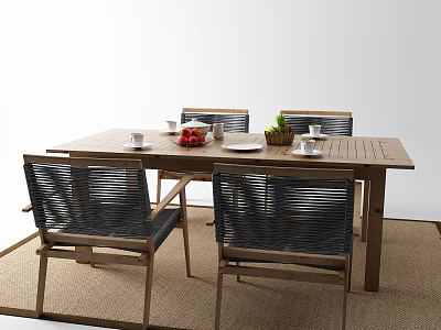 Simple Natural Style Dining Table Set With Wooden Table Woven Chairs Fruit And Cups 3d model