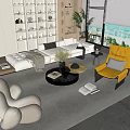 Modern Living Room Beige Sofa Round Coffee Table Set With Yellow Chair Plants Scenic View