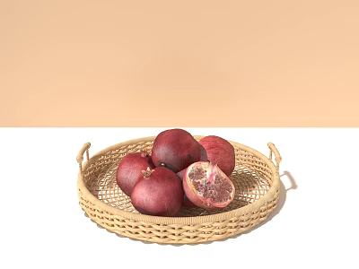 Household Items Wicker Basket with Fresh Pomegranates and Sliced Pomegranate on Light Background 3d model