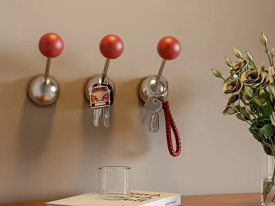 Wall Mounted Hooks With Red Ball Design And Silver Base For Hanging Keys Home Decor 3d model