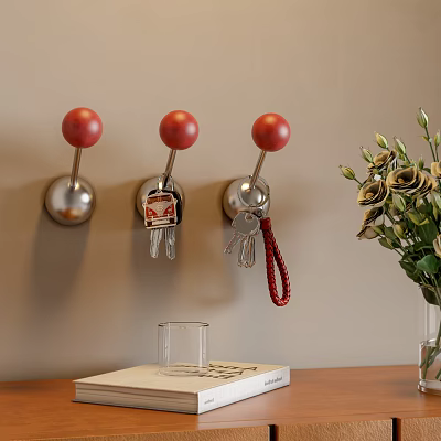 Wall Mounted Hooks With Red Ball Design And Silver Base For Hanging Keys Home Decor 3d model