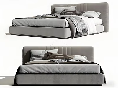 Contemporary Double Bed With Upholstered Gray Headboard And Soft Pillows Blanket 3d model