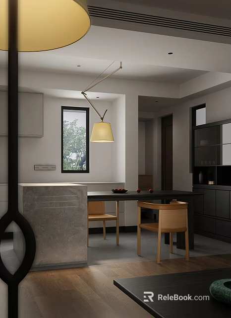 Modern Restaurant Interior With Hanging Lamp Dining Table Wooden Chairs And Black Cabinets 3d model 