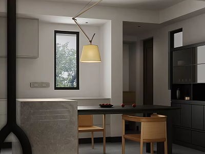Modern Restaurant Interior With Hanging Lamp Dining Table Wooden Chairs And Black Cabinets 3d model