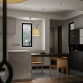 Modern Restaurant Interior With Hanging Lamp Dining Table Wooden Chairs And Black Cabinets