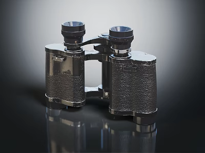 Vintage Metallic Binoculars With Leather Textured Body And Reflective Surface On Dark Background 3d model