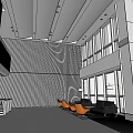 Modern Hotel Lobby With Striped Walls Orange Chairs Balcony And Elegant Ceiling Design