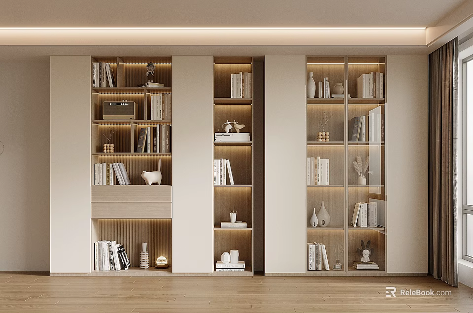 Elegant Modern Bookcase Interior Design With Glass Doors Wooden Shelves And Decorative Items 3d model 