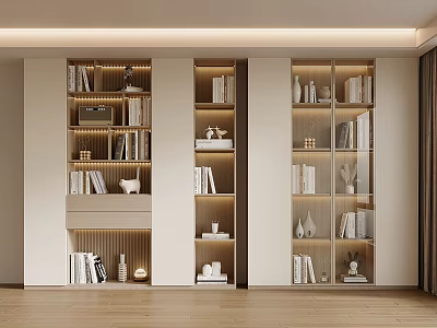 Elegant Modern Bookcase Interior Design With Glass Doors Wooden Shelves And Decorative Items 3d model