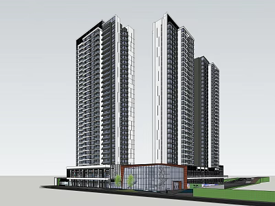 Modern High Rise Buildings Exterior Design With Glass Curtain Walls And Podium Structure 3d model
