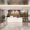 Elegant Modern Lobby Area With White Reception Desk Mirrored Ceiling Pendant Lights And Marble Flooring