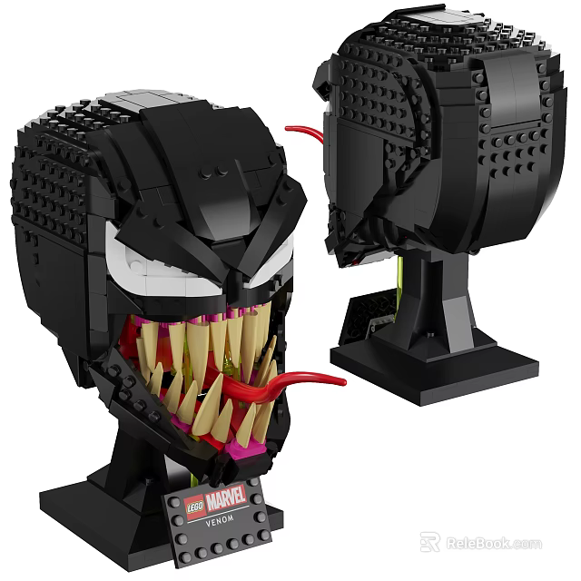 Venom Head Sculpture Using Building Blocks Featuring Sharp Teeth Red Tongue And Marvel Base 3d model