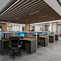 Modern Public Office Space with Cubicle Workstations Computers and Wooden Ceiling 3d model