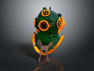 Green And Orange Diving Helmet With Round Viewports Metal Brackets And Stand 3d model