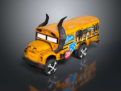 Yellow School Bus With Black Horns White Cross Pattern Tires And Colorful Graffiti Design 3d model