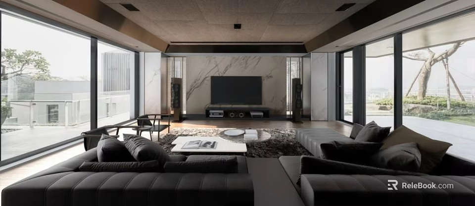 Modern Living Room Design With Dark Sofas Marble Wall Large TV Floor To Ceiling Windows 3d model