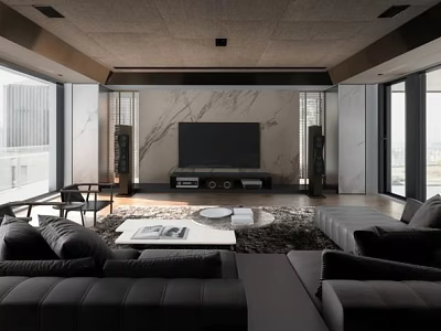 Modern Living Room Design With Dark Sofas Marble Wall Large TV Floor To Ceiling Windows 3d model