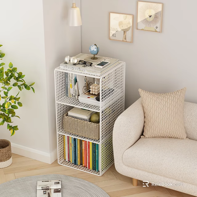 White Grid Bookcase With Colorful Books And Decorative Items In Living Room 3d model 