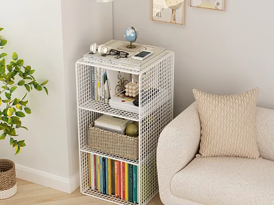 White Grid Bookcase With Colorful Books And Decorative Items In Living Room 3d model