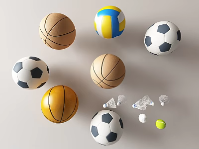 Sports Equipment Collection with Basketballs Soccer Balls Volleyball Tennis Ball and Badminton Shuttlecocks 3d model