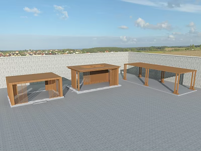 Wooden Sunshade Canopies On Outdoor Gray Tiled Floor With Blue Sky And Distant Landscape 3d model