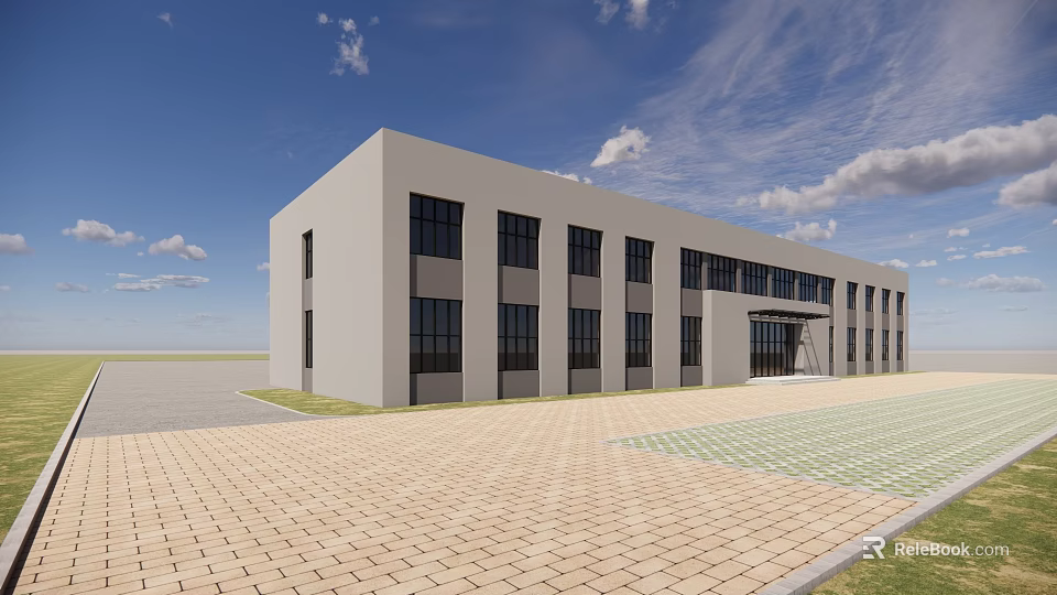 Modern White Office Building Exterior With Large Windows And Paved Ground 3d model