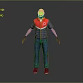 Bald Bearded Game Movie Character With Blue Red Jumpsuit And Black Gloves Standing