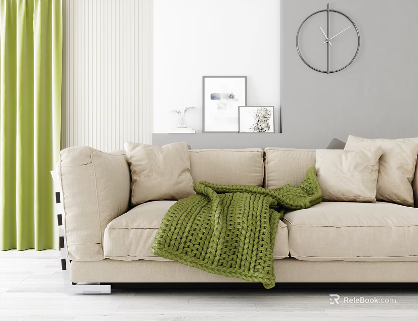 Beige Two Seater Sofa With Green Knitted Blanket Curtains Wall Clock And Decorative Paintings 3d model 