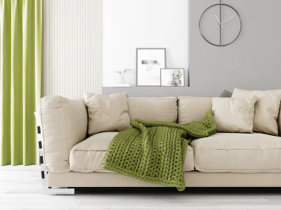 Beige Two Seater Sofa With Green Knitted Blanket Curtains Wall Clock And Decorative Paintings 3d model