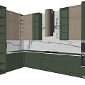 Modern Green Kitchen Interior With Cabinets Glass Doors Marble Countertop And Gas Stove