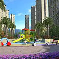 Lush Garden Landscape With Flowers Trees Pergola And Playground In Residential Area