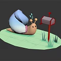 3D Illustration Of Cute Pink Snail With Blue Shell Near Blue Mailbox On Green Grass