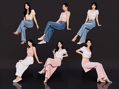 Multiple Women In Stylish Tops And Pants Posing Against Black Background 3d model