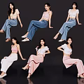 Multiple Women In Stylish Tops And Pants Posing Against Black Background