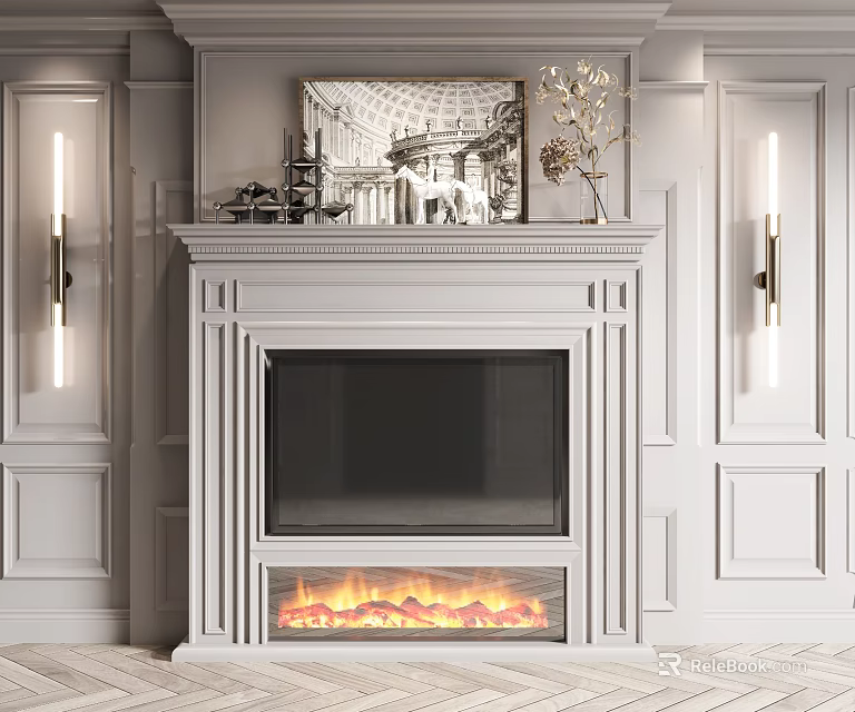 Classic White Fireplace Interior With Decorative Painting Wall Sconces And Flaming Logs 3d model 