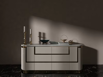 Modern Console Table With Drawers Gold Accents And Decorative Candles Bowl On Marble Floor 3d model