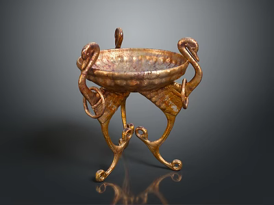 Golden Metallic Decorative Bowl With Curved Stands And Intricate Artistic Design 3d model