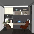 Modern Study Room Interior Design With Bookshelves Desk Computer Orange Chair And Window Blinds