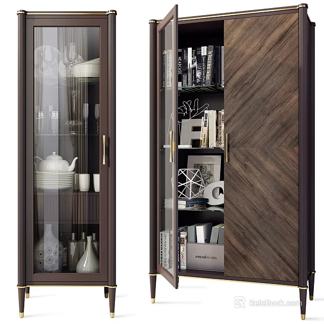 Modern Wooden Decorative Cabinet With Glass Door Open Shelves Displaying Dishes Books Vases 3d model 