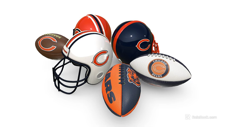 Authentic Chicago Bears Themed Sports Equipment Including Helmets and Footballs 3d model 
