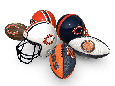 Authentic Chicago Bears Themed Sports Equipment Including Helmets and Footballs 3d model