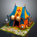 Medieval Fantasy Knight In Game With Blue Orange Tent Armor Sword Stone Path Grass
