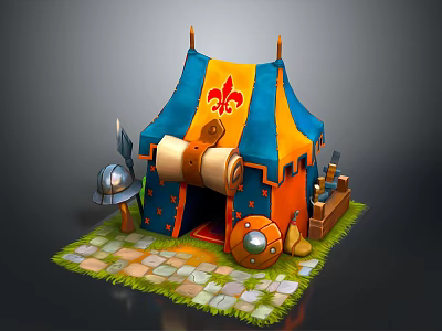 Medieval Fantasy Knight In Game With Blue Orange Tent Armor Sword Stone Path Grass 3d model