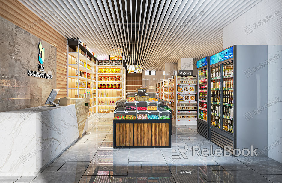 Modern Supermarket Convenience Store Sacks Shop Store Supermarket Shelf Display Cabinet Cash Register Freezer Tobacco and Wine Cabinet model