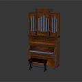 Classic Wooden Upright Piano With Decorative Vertical Slats And Matching Bench
