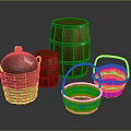 Wooden Barrels And Wicker Baskets As Practical Household Storage Items 3d model