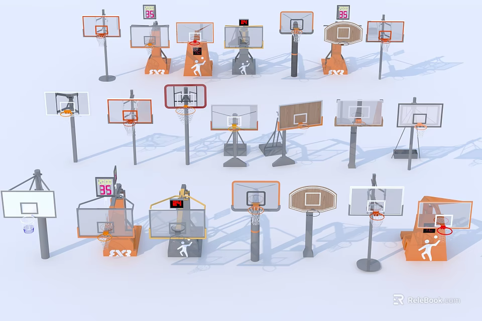Various Types Of Basketball Hoops As Essential Sports Equipment For Training 3d model 